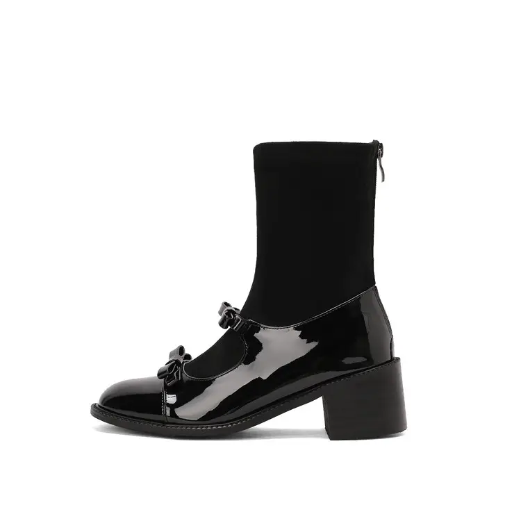Wholesale Stretch Velvet Mary Jane Boots, 5.5cm Chunky Heel, Knee High