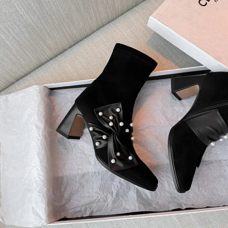 Famous Women's Short Boots: Bow, Pearl, 7cm Block Heel, Square Toe Exporters, Products
