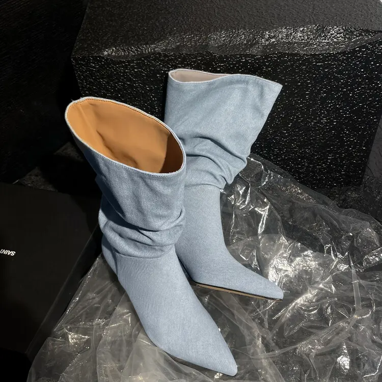 Discount New All-Season Blue Denim Boots – 7.5cm Pointed-Toe Stiletto Manufacturer, Product