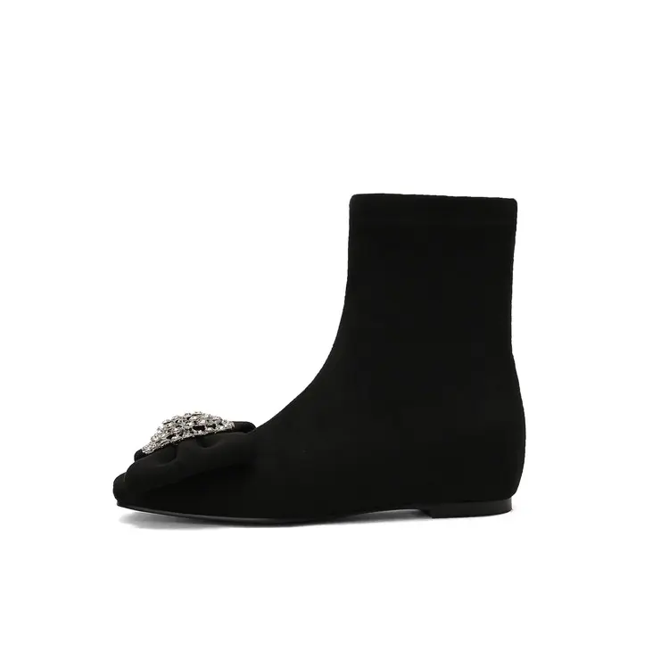 Custom Slimming Stretch Velvet Ankle Boots, 4cm Hidden Lift, Rhinestone
