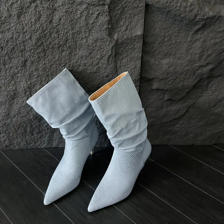Discount New All-Season Blue Denim Boots – 7.5cm Pointed-Toe Stiletto Manufacturer, Product