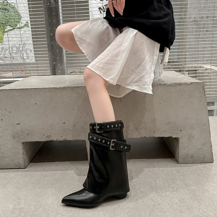 Buy Women's Brown Leather Square Heel Boots with Buckle Manufacturer, Factory