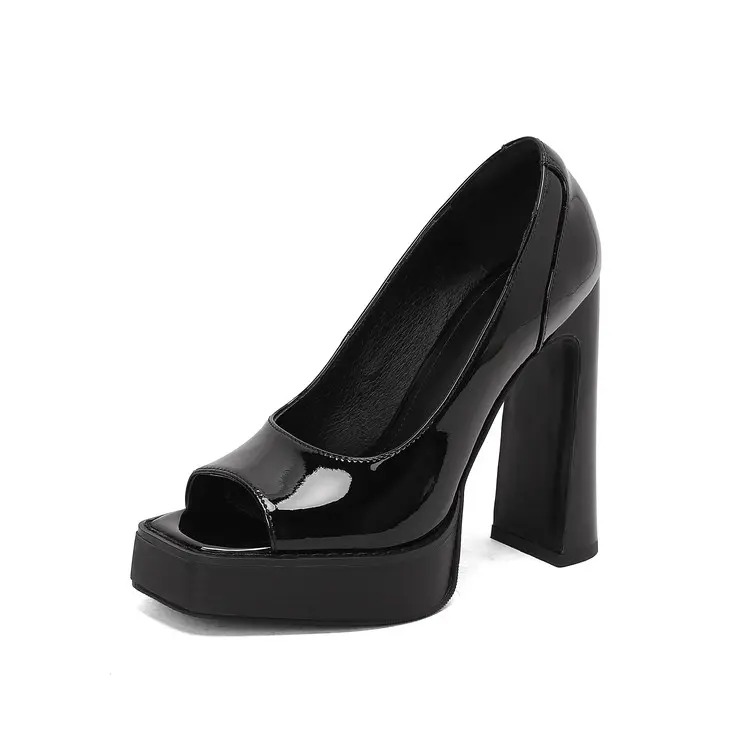 Wholesale Black Platform Peep-Toe Western Sandals 13cm Chunky Heel Company, Companies