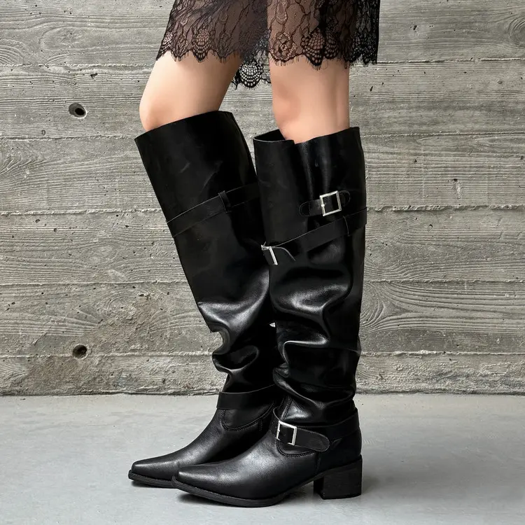 Wholesale Gothic Black Western Wide Calf Slouchy Boots with Silver Buckle Suppliers, Service