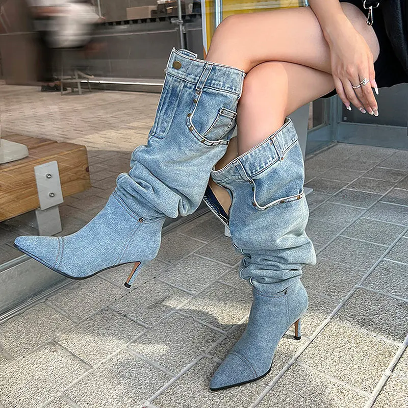 Discount 7cm Stiletto Pull-On Women's Knee-High Denim Heel Boots Suppliers, Companies