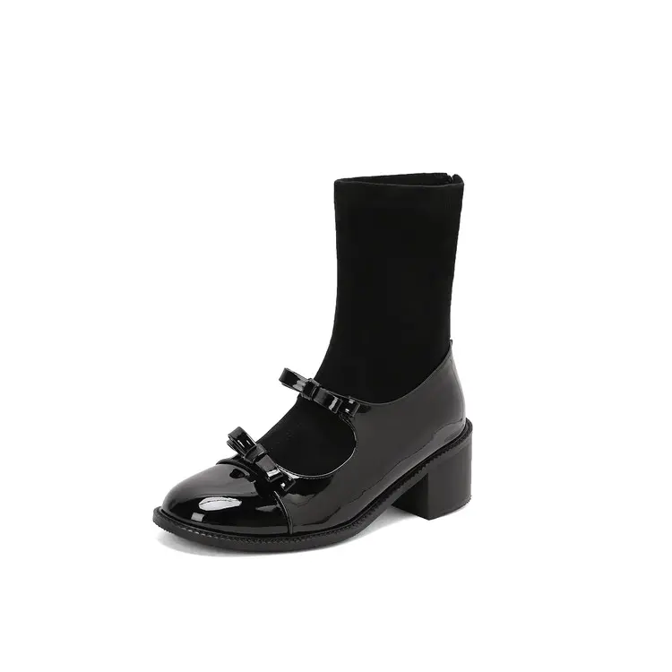 Wholesale Stretch Velvet Mary Jane Boots, 5.5cm Chunky Heel, Knee High