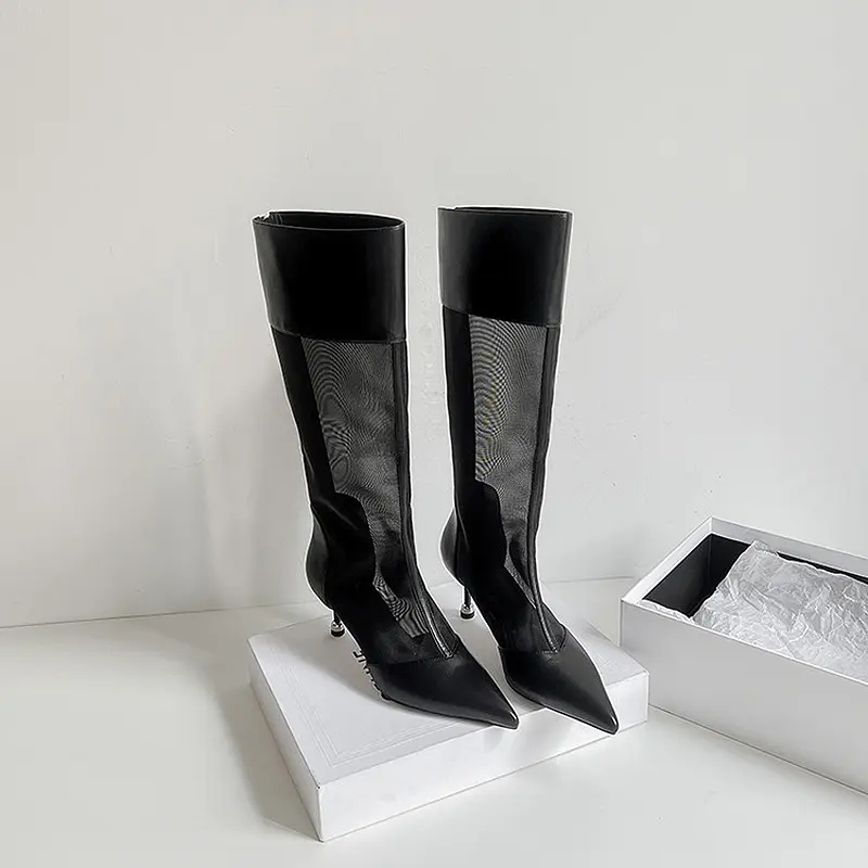 OEM Mesh Knee-High Summer Boots with 6.5cm Stiletto Heel