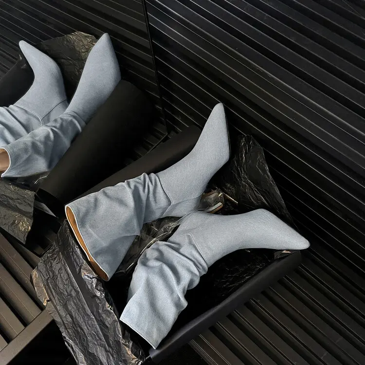 Discount New All-Season Blue Denim Boots – 7.5cm Pointed-Toe Stiletto Manufacturer, Product