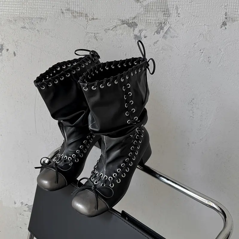 OEM Wide Calf Cowhide Mid-Calf Boots, Chunky Heel, Bow Decor
