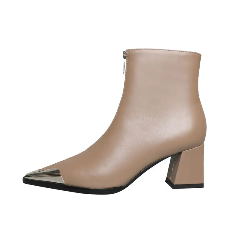 OEM Women's Pigskin Lining Ankle Boots with Chunky Heel