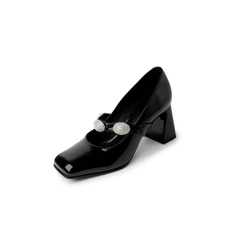 China Shiny Black Mary Jane Pumps Rhinestone Buckle Patent Leather Exporters, Service
