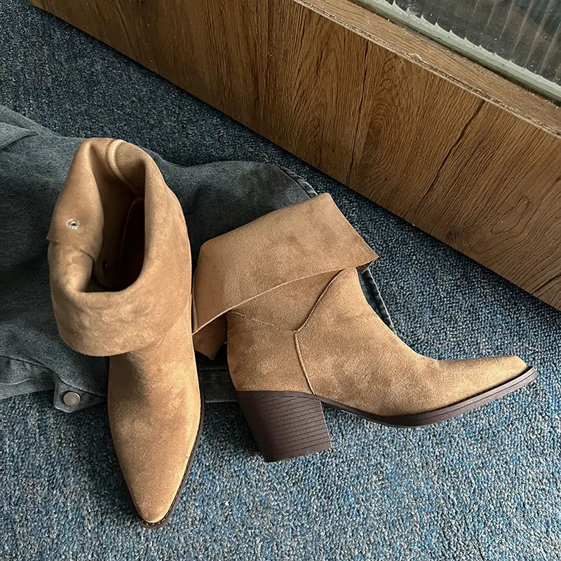 Discount Trendy Suede Ankle Boots: Metal Rivet, Fold-Cuff, 6.5cm Chunky Heel Exporters, Companies