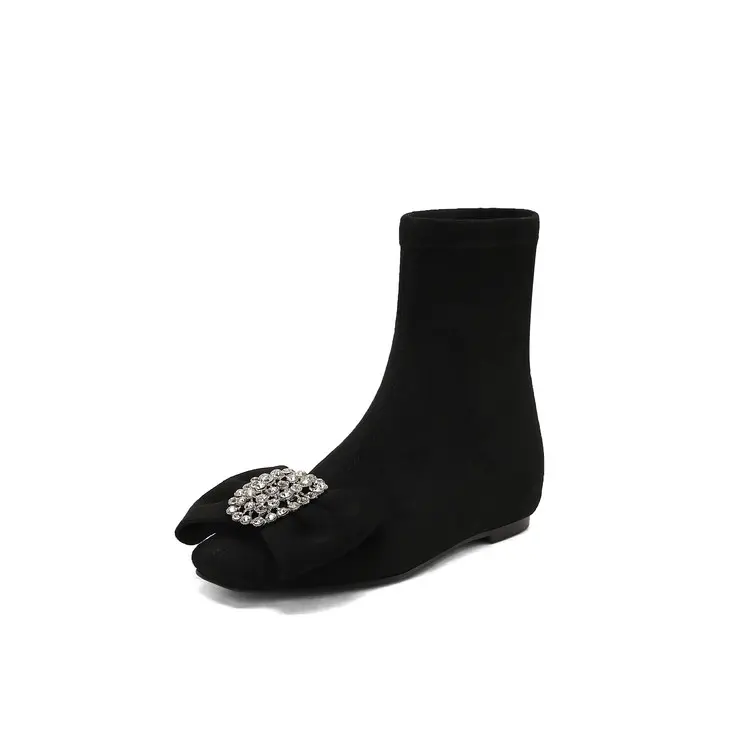 Custom Slimming Stretch Velvet Ankle Boots, 4cm Hidden Lift, Rhinestone