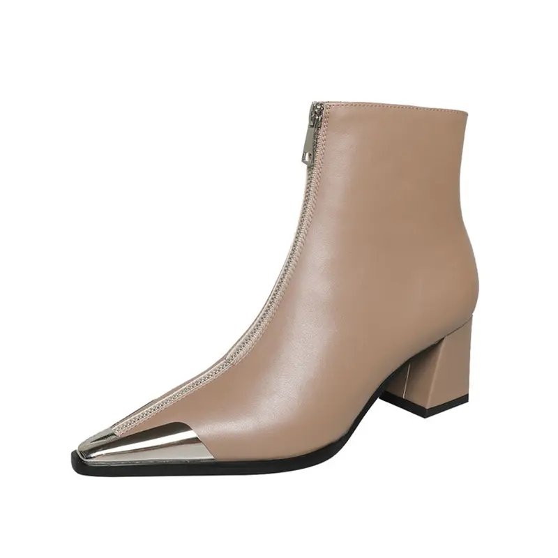 OEM Women's Pigskin Lining Ankle Boots with Chunky Heel