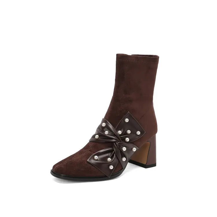 Famous Women's Short Boots: Bow, Pearl, 7cm Block Heel, Square Toe Exporters, Products