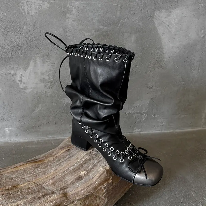 OEM Wide Calf Cowhide Mid-Calf Boots, Chunky Heel, Bow Decor