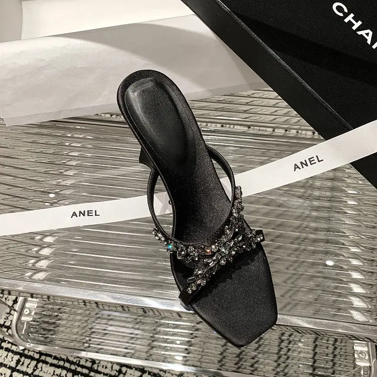 ODM 2026 Metallic Satin Rhinestone Slip-On Cone Heel Summer Mules Supplier, Products