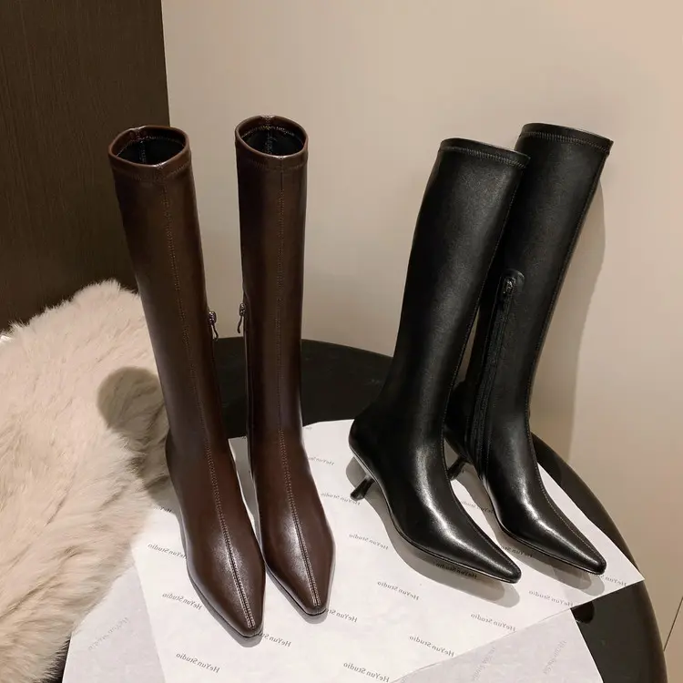 Wholesale CE Certified Low Heel Pointed Toe Knee High Boots Western Quotes, Product