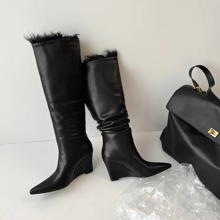 Women's Wool Mid-Calf Boots with Wedge Heel-14