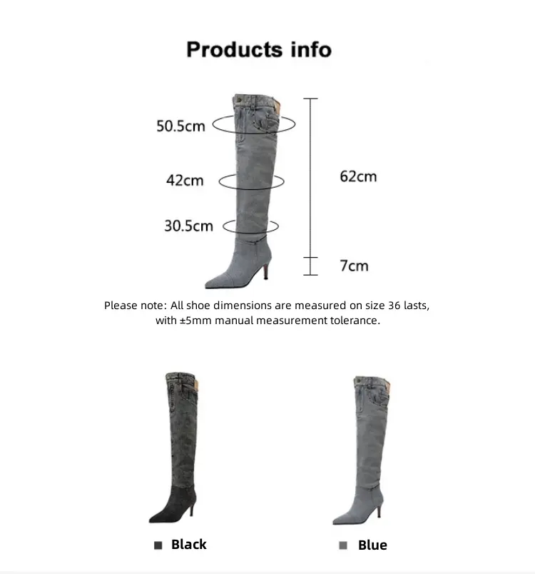 7cm Stiletto Pull-On Women's Knee-High Denim Heel Boots