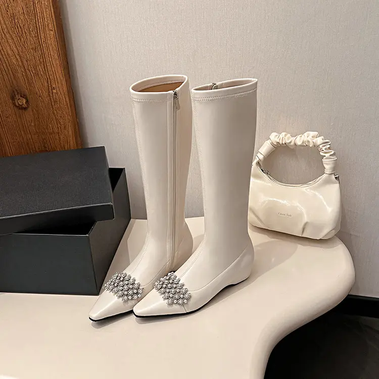 High-Quality Bulk Manufacturer 4cm Wedge Pearl Rhinestone Knee Boots Suppliers, Service