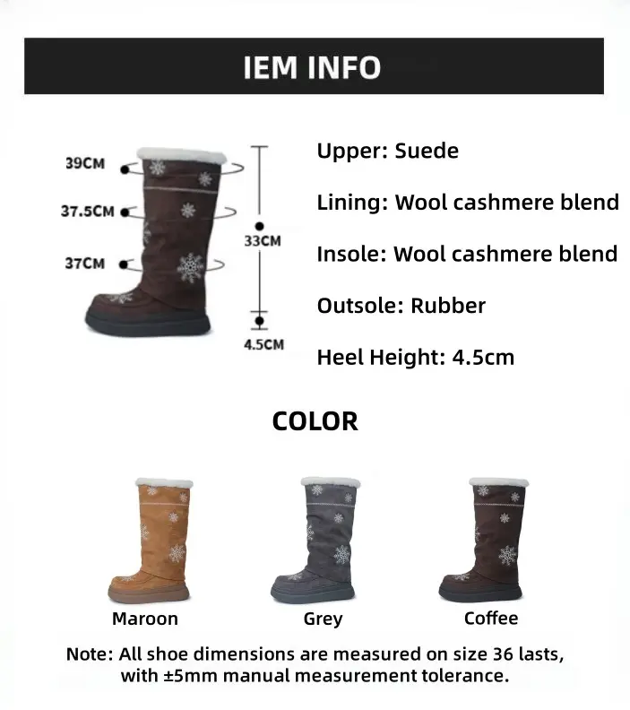 Women's Wool Knee-High Boots for Christmas Suede Upper 36