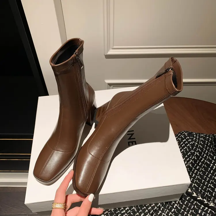 Wholesale Custom Elastic Square Toe Chunky Heel Boots