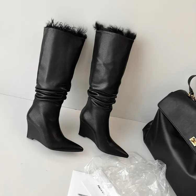 Women's Wool Mid-Calf Boots with Wedge Heel-15