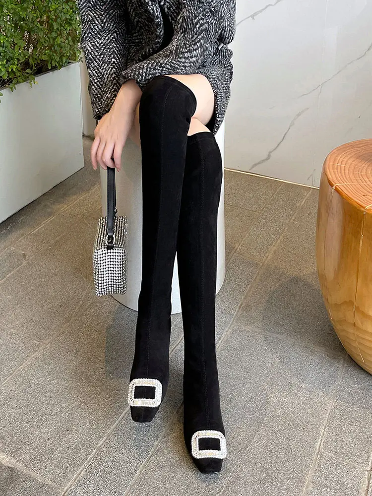 Black Velvet Rhinestone Over-the-Knee Stiletto Boots 5009 (29)