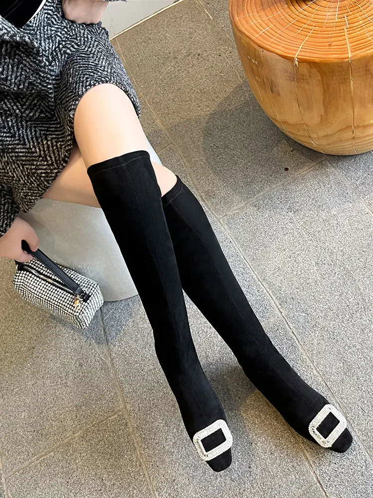 Black Velvet Rhinestone Over-the-Knee Stiletto Boots 5009 (27)