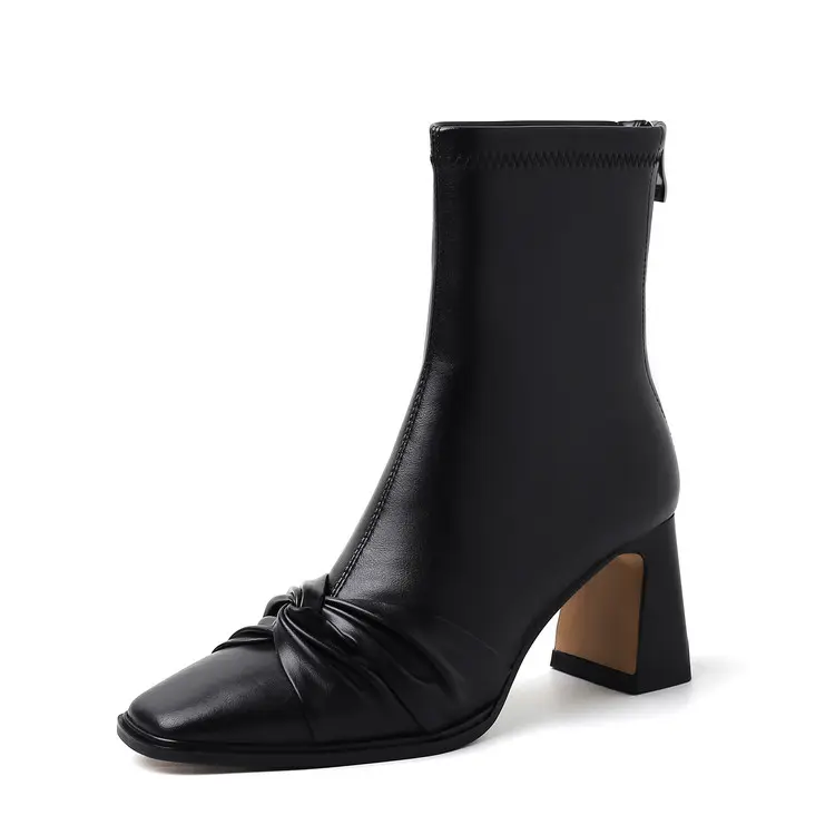 Wholesale Leather Western Bow Ankle Boots Block Heels