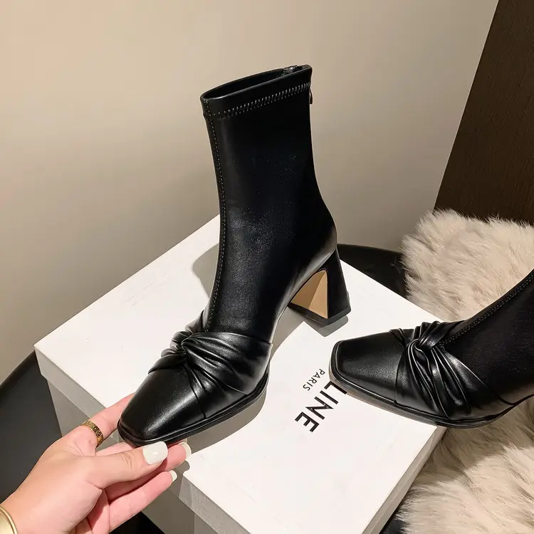 Wholesale Leather Western Bow Ankle Boots Block Heels