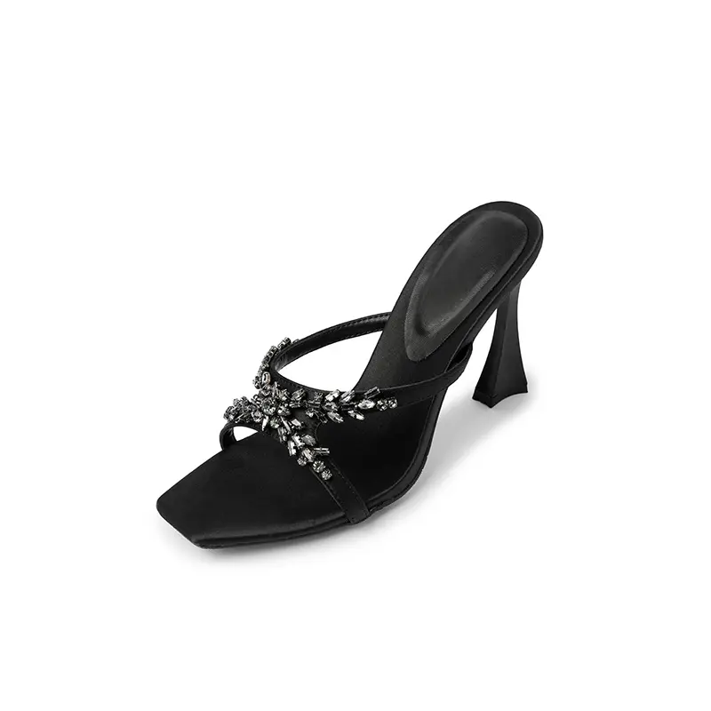 Wholesale Metallic Satin Rhinestone Cone Heel Mules Manufacturer