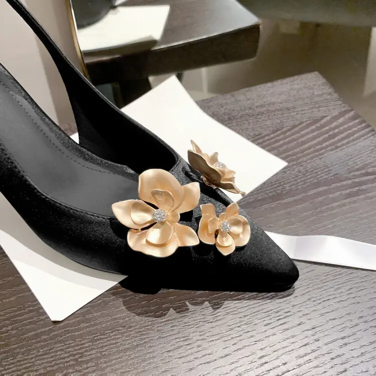 Buy Satin Gold Floral Distributor Pointed Stiletto Sandals Manufacturer, Factories