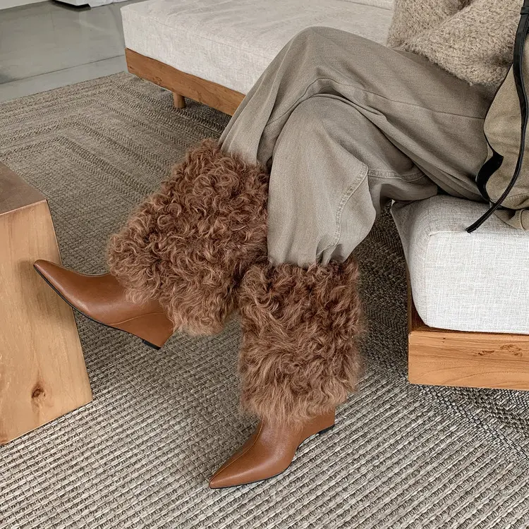 Women's Wool Mid-Calf Boots with Wedge Heel-23