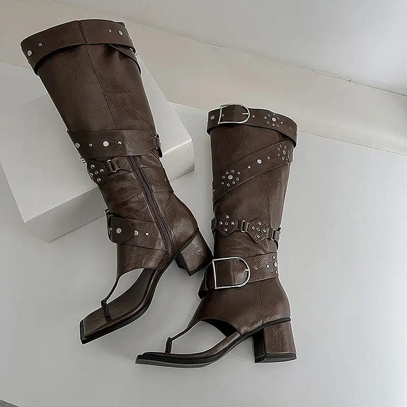OEM Studded Thong Open Toe Knee-High Boots