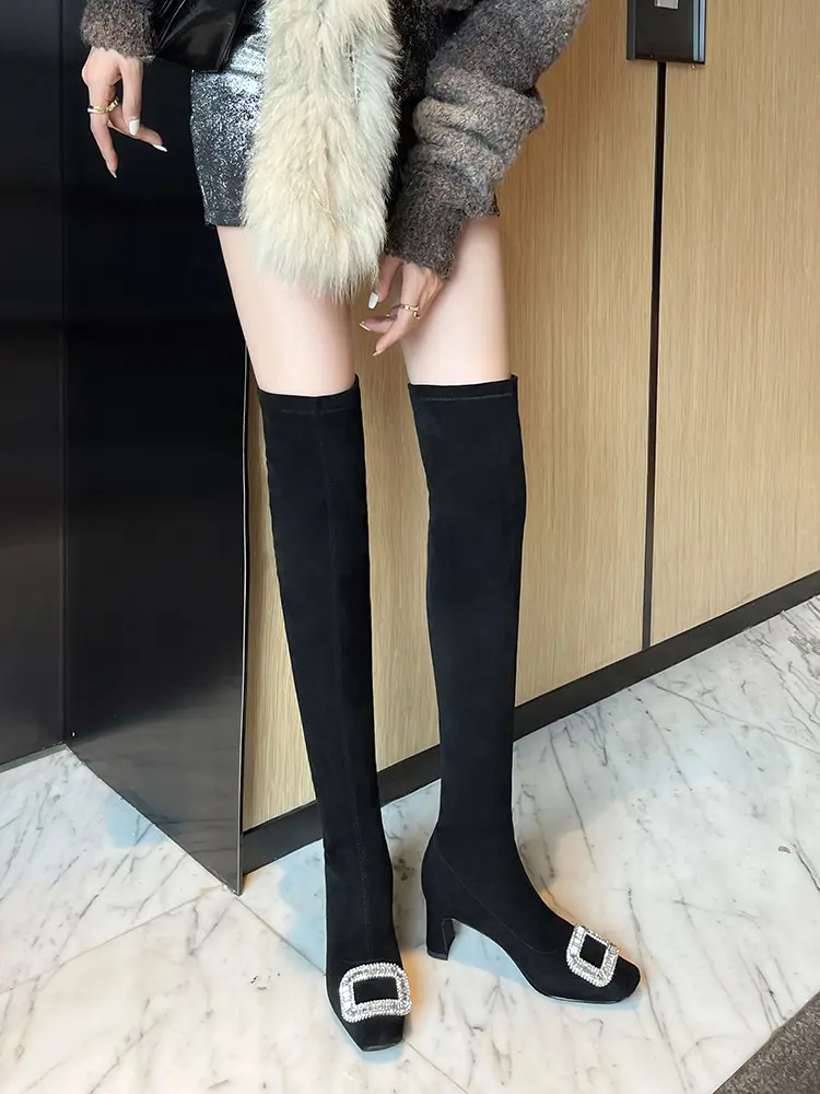 Black Velvet Rhinestone Over-the-Knee Stiletto Boots 5009 (15)