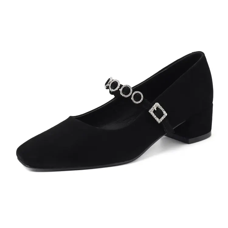 Famous Wholesaler Suede Rhinestone Block Heel Mary Jane Factories, Pricelist