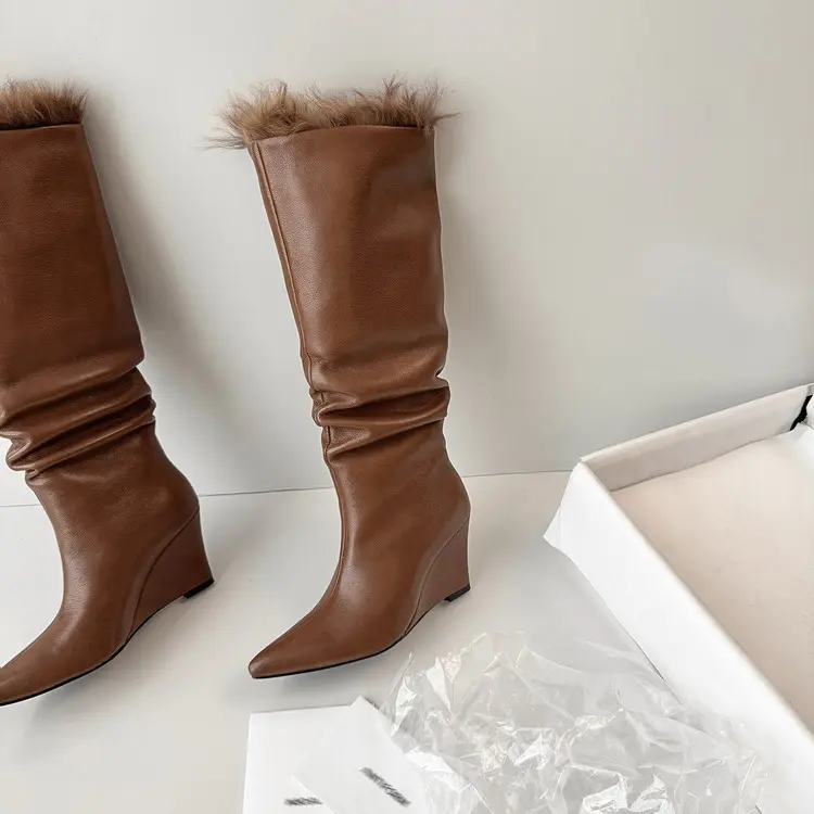 Women's Wool Mid-Calf Boots with Wedge Heel-17