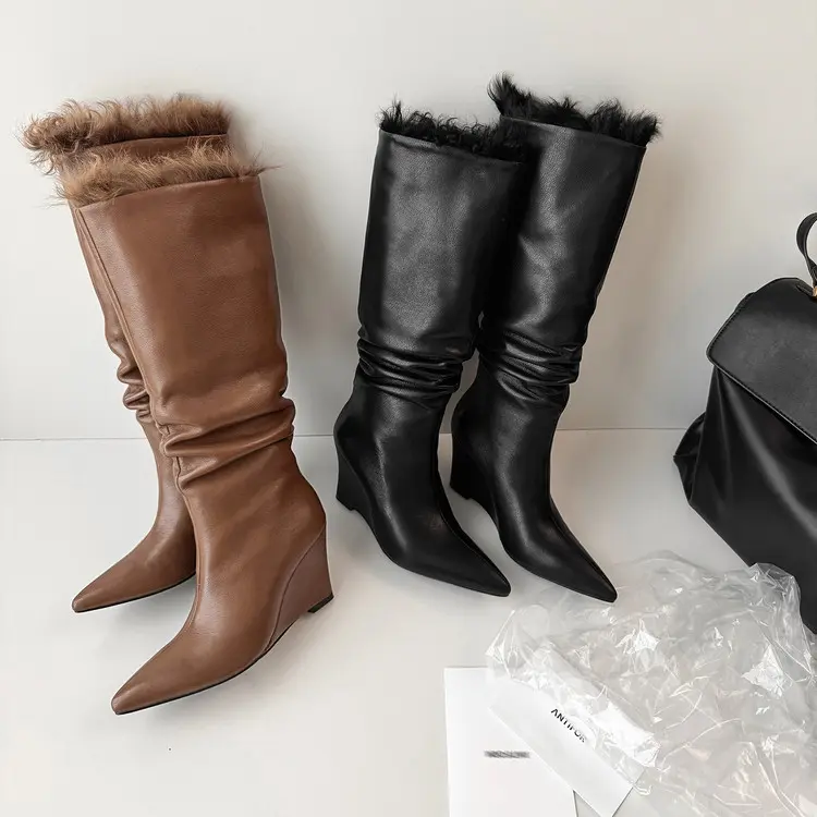 Women's Wool Mid-Calf Boots with Wedge Heel-16