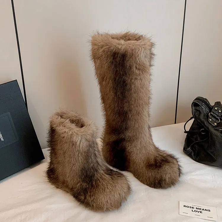 Wholesale Rabbit Fur Multi Height Hidden Wedge Snow Boots OEM/ODM