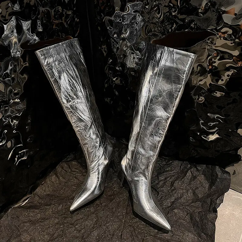 Wholesale Western Pointed Toe Metallic Knee-High Boots