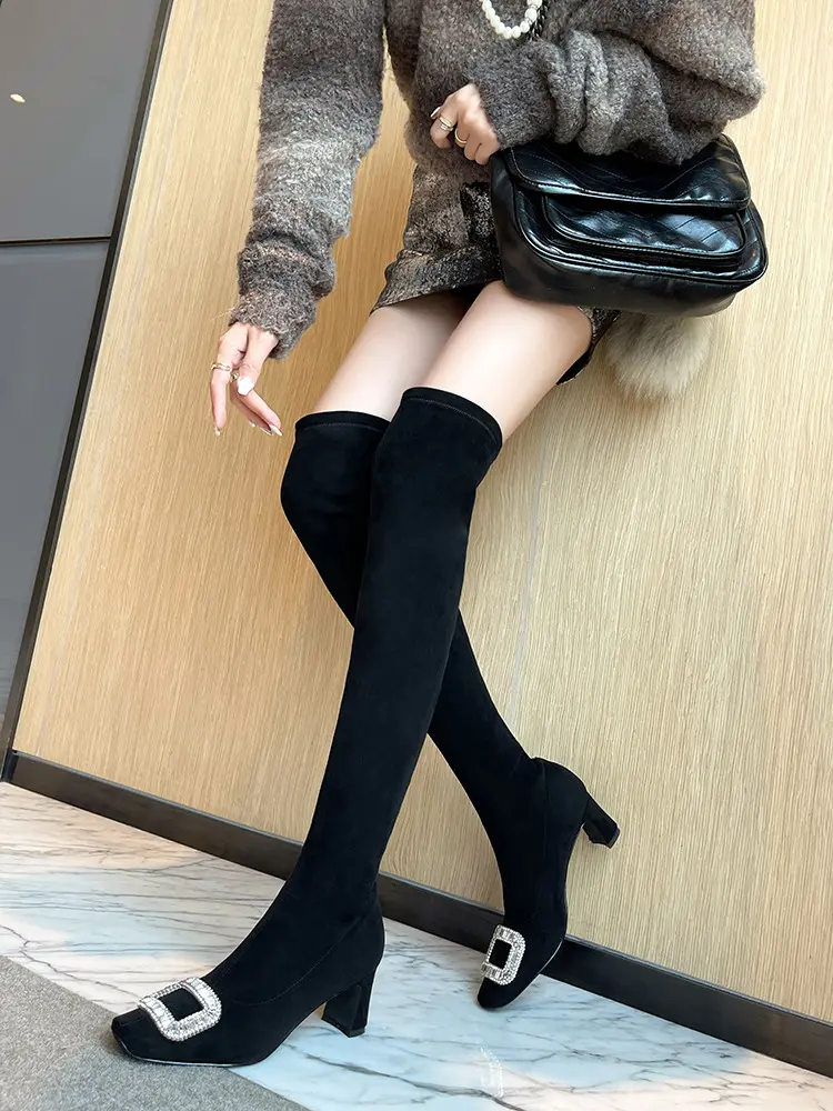 Black Velvet Rhinestone Over-the-Knee Stiletto Boots 5009 (19)