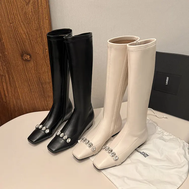 Wholesale Microfiber Rhinestone Wedge Knee High Boots