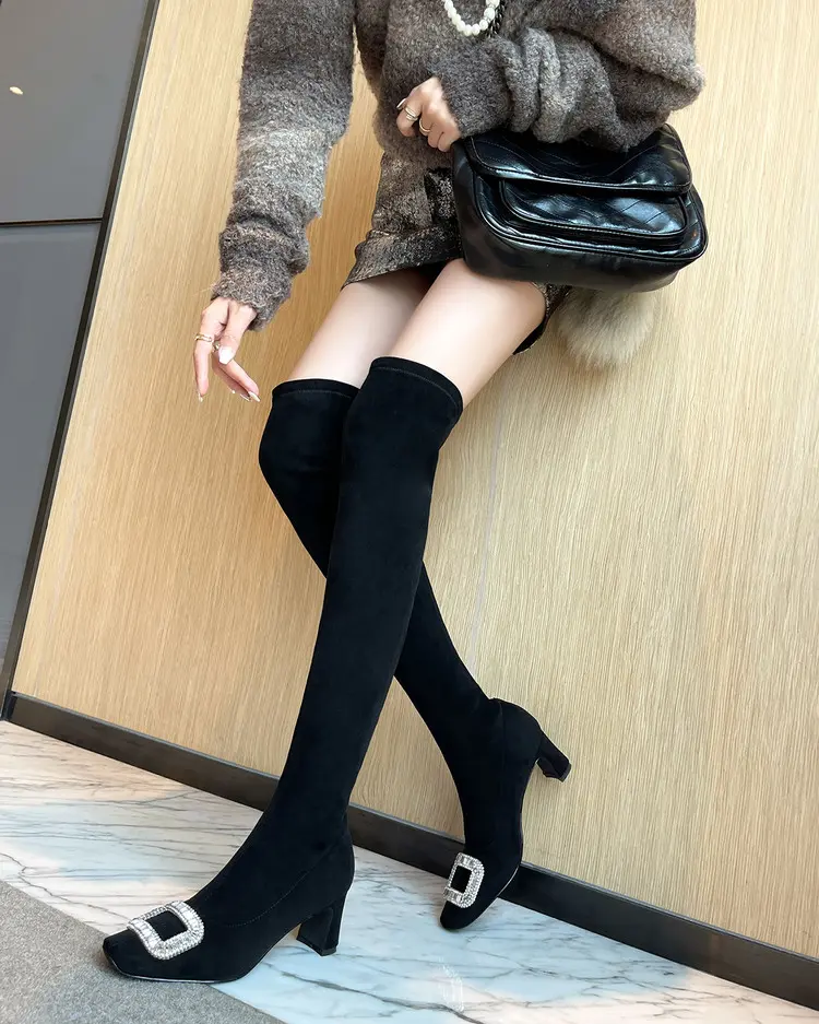 Black Velvet Rhinestone Over-the-Knee Stiletto Boots 5009 (32)