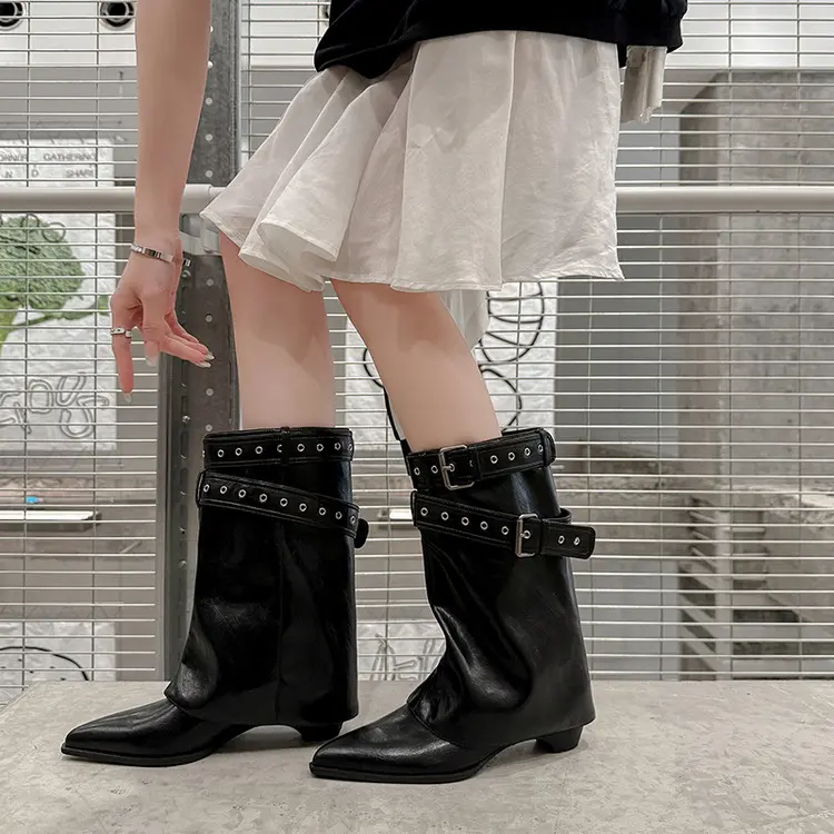 Wholesale Pointed Toe Buckle Leather Mid Calf Boots Vendor
