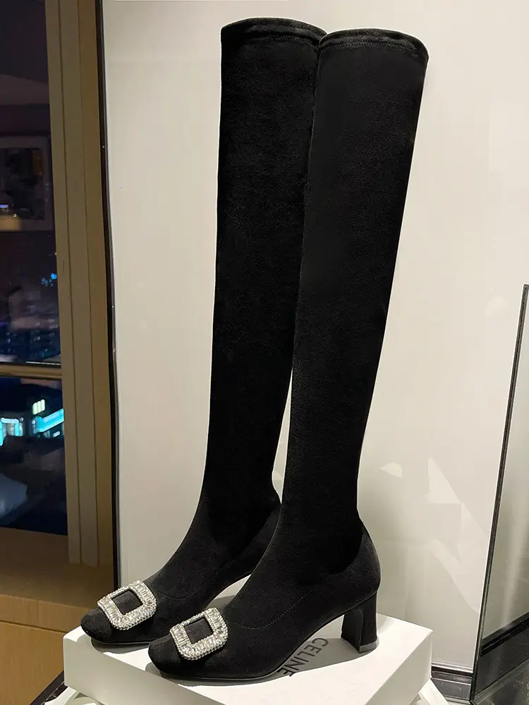 Black Velvet Rhinestone Over-the-Knee Stiletto Boots 5009 (1)