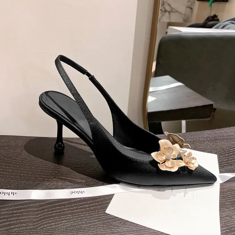 Buy Satin Gold Floral Distributor Pointed Stiletto Sandals Manufacturer, Factories
