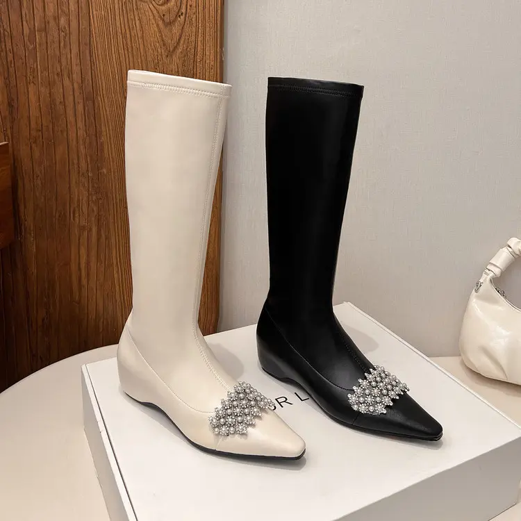 Wholesale Microfiber Rhinestone Pearl Knee High Boots