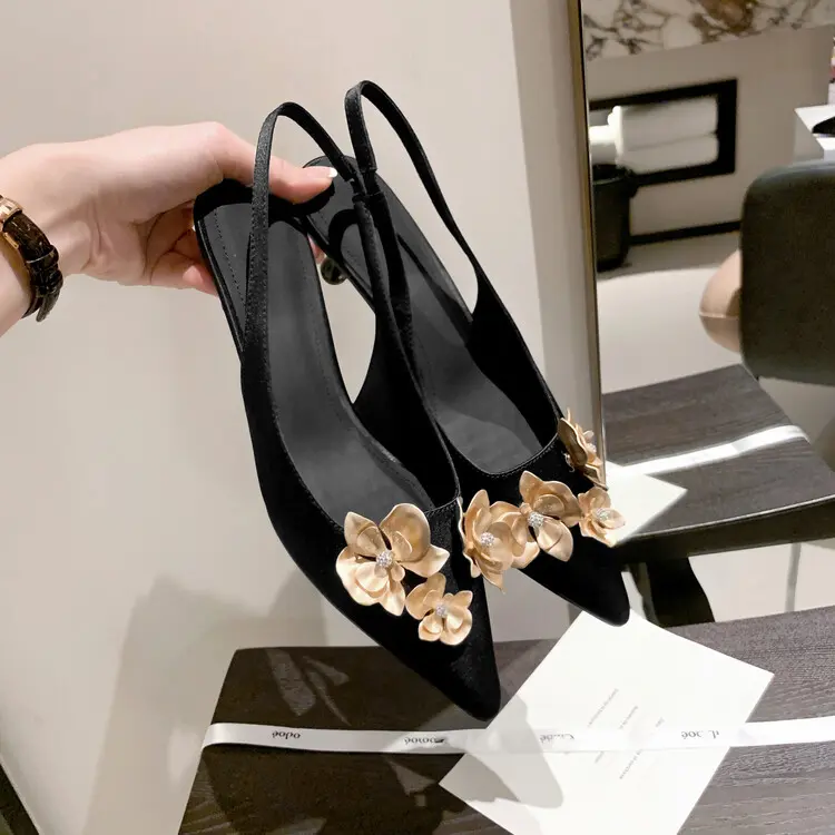 Buy Satin Gold Floral Distributor Pointed Stiletto Sandals Manufacturer, Factories